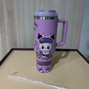 Labubu Dressed as Kuromi Tumbler w/ Handle & Straw Cute Purple Insulated Cup new